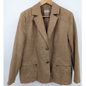 Tanjay Faux Suede Jacket Size 16 Tan Camel Quilted Shoulder Blazer Button Front